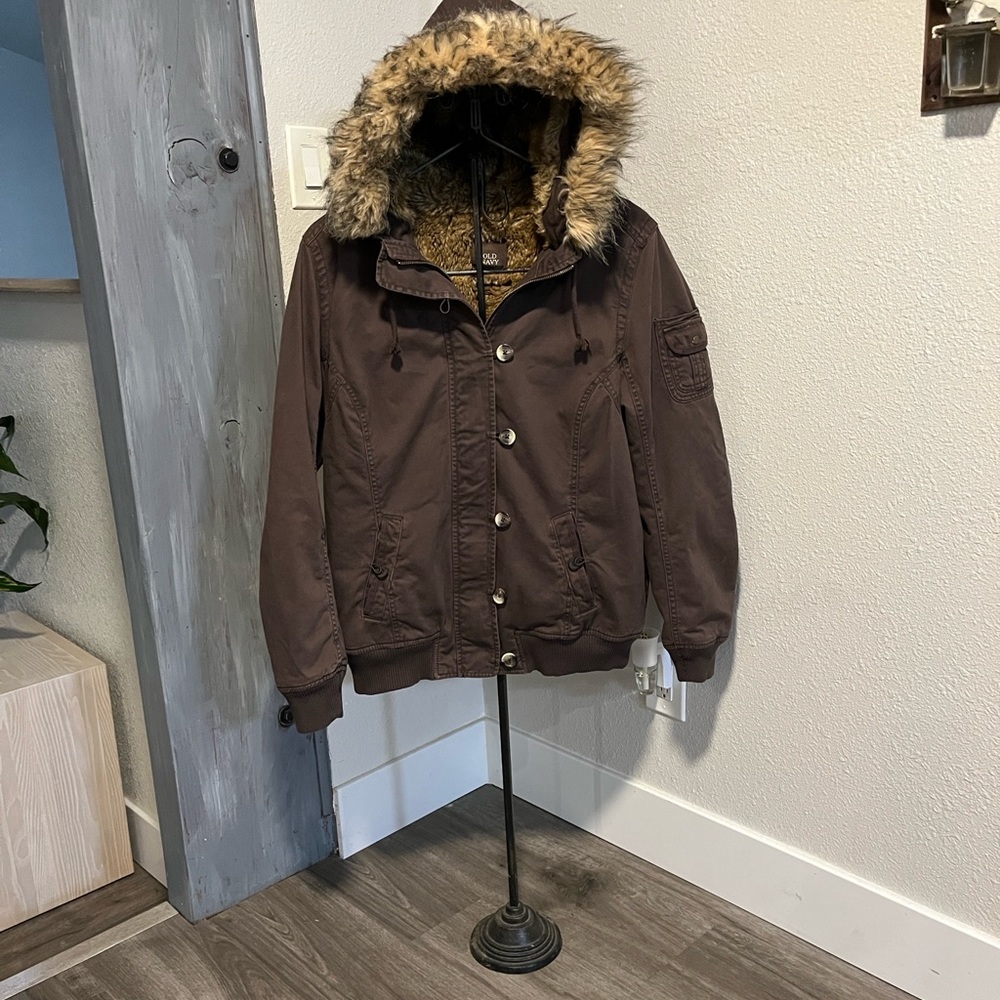 Old Navy Women’s Dark Brown Hooded Bomber Jacket